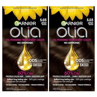 garnier hair color olia ammonia free brilliant color oil rich permanent hair dye, 5.03 medium neutral brown, 2 count (packaging may vary)