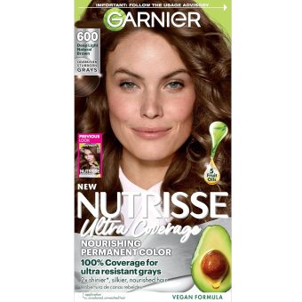 garnier nutrisse ultra coverage hair color, 600 deep light natural brown (spiced hazelnut) permanent hair dye (packaging may vary)