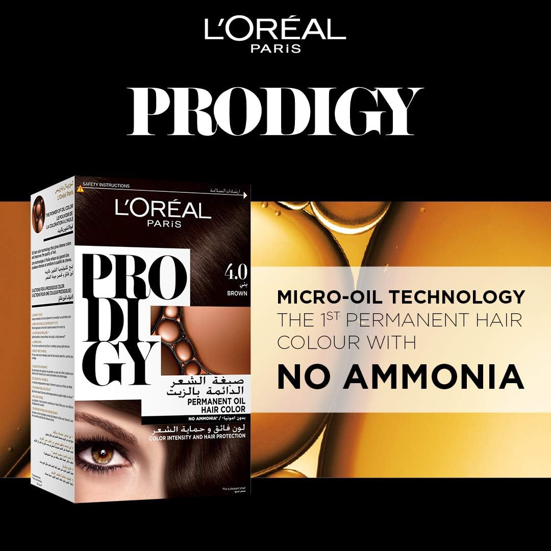 l’oréal paris prodigy hair color/dye, micro oil technology for smooth natural hair, grey hair coverage 4.0 brown
